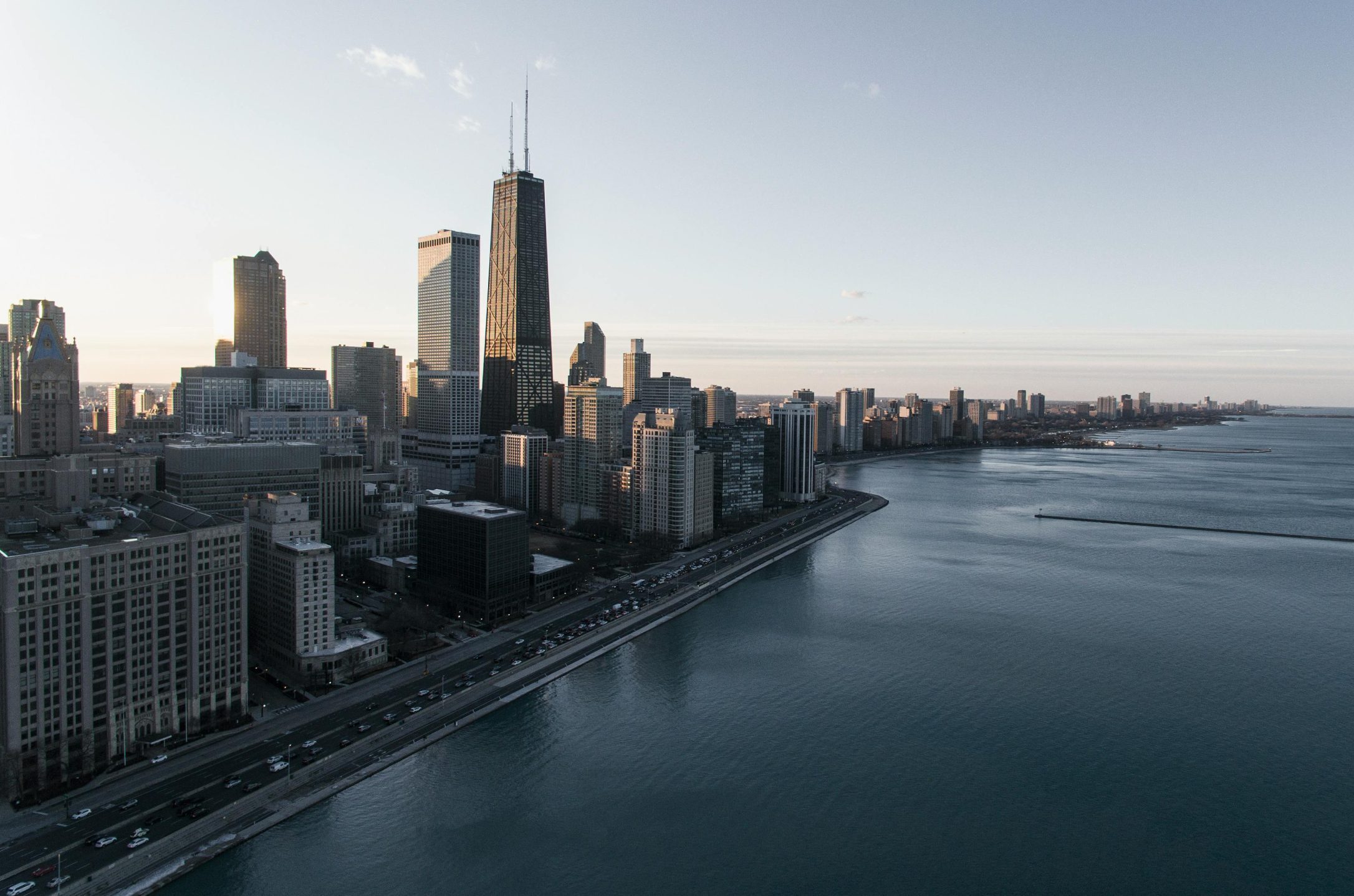 Stunning aerial view of Chicago's skyline during dusk with a waterfront view.
